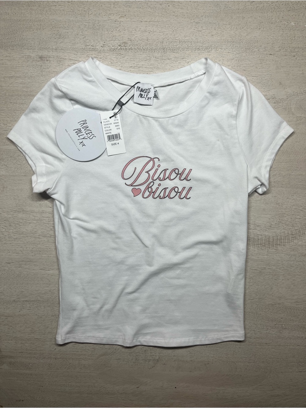 Princess Polly White Tee with Pink 'Bisou Bisou' Script